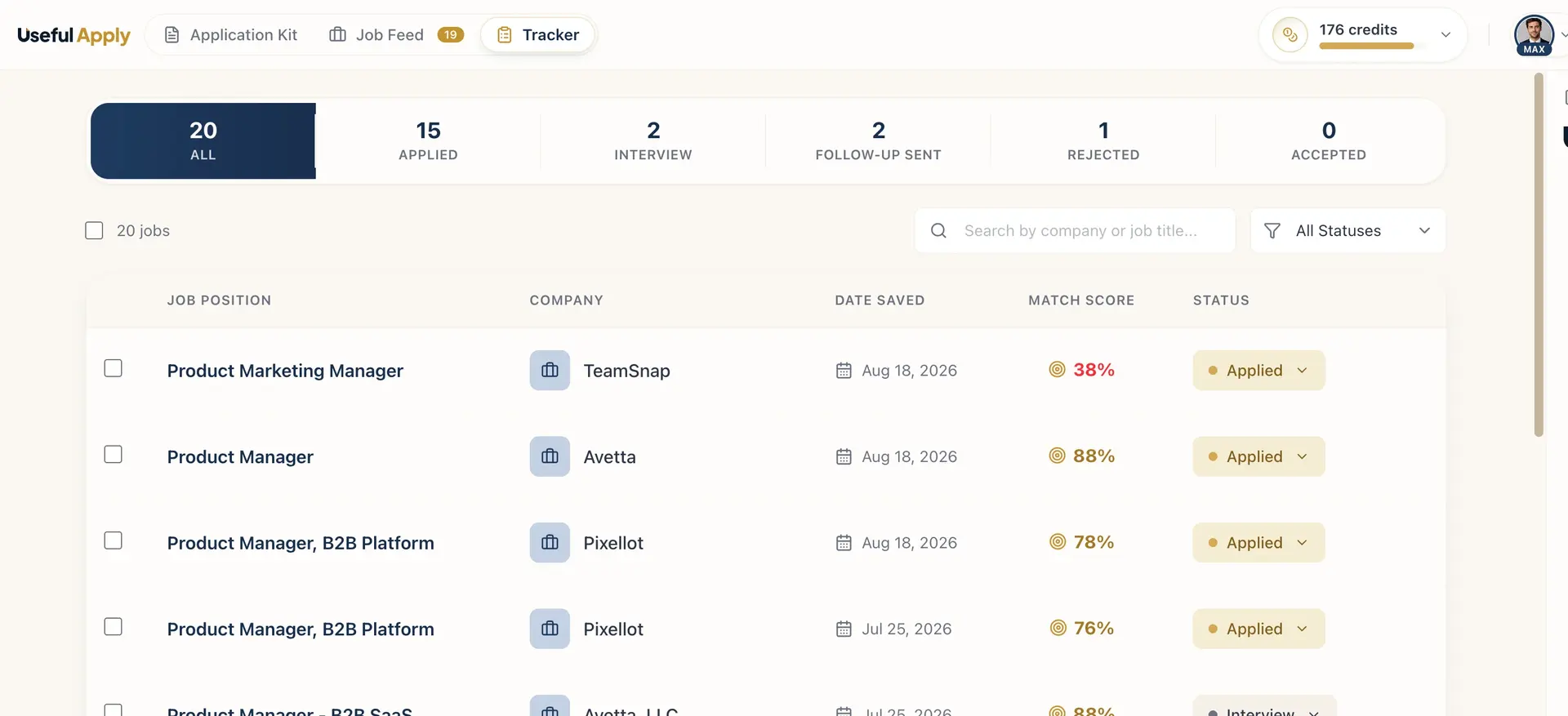 Useful Apply Application Tracker with match scores and status pills