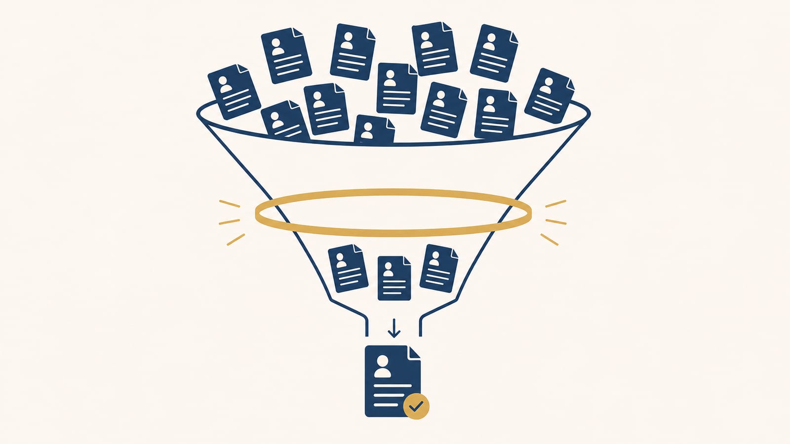 Funnel diagram: 250 applications → 76% rejected by ATS → 24% reach human → 6-second skim → 5% get interviews