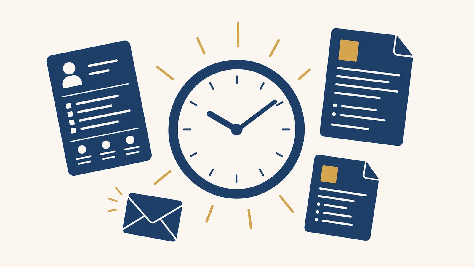 A clock surrounded by floating CV, cover letter, and email documents - illustrating the time pressure of job applications