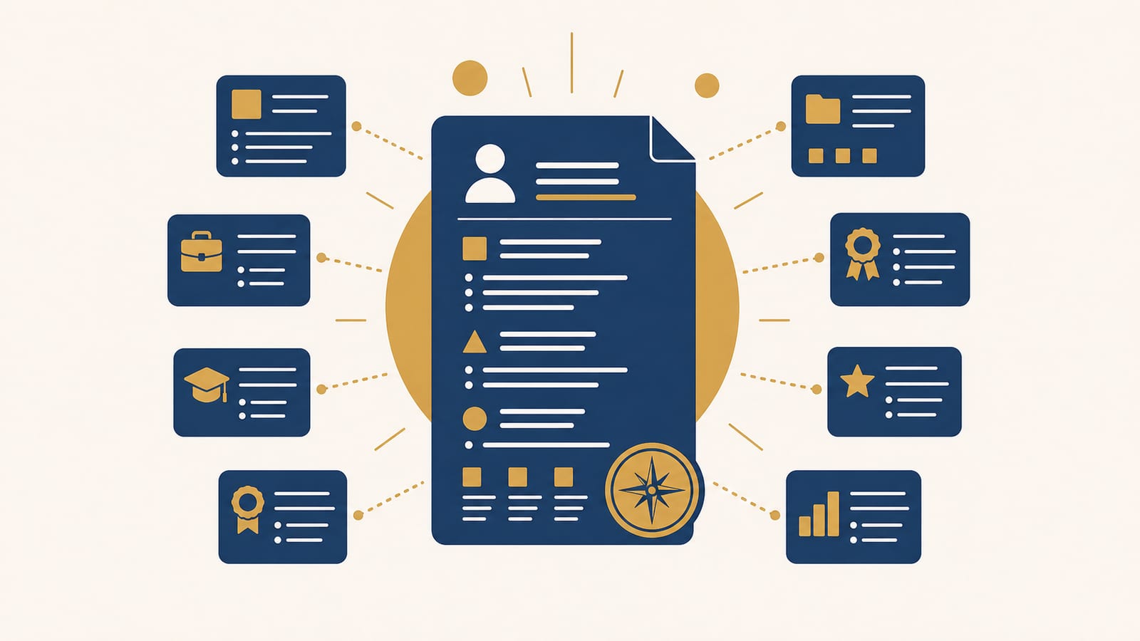 Central Master CV document with golden rays, surrounded by tailored CV versions for different roles
