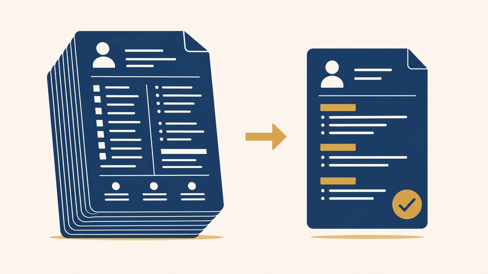 Side-by-side comparison: thick Master CV (3-5 pages, all experience) vs sleaner Tailored CV (1-2 pages, relevant only)
