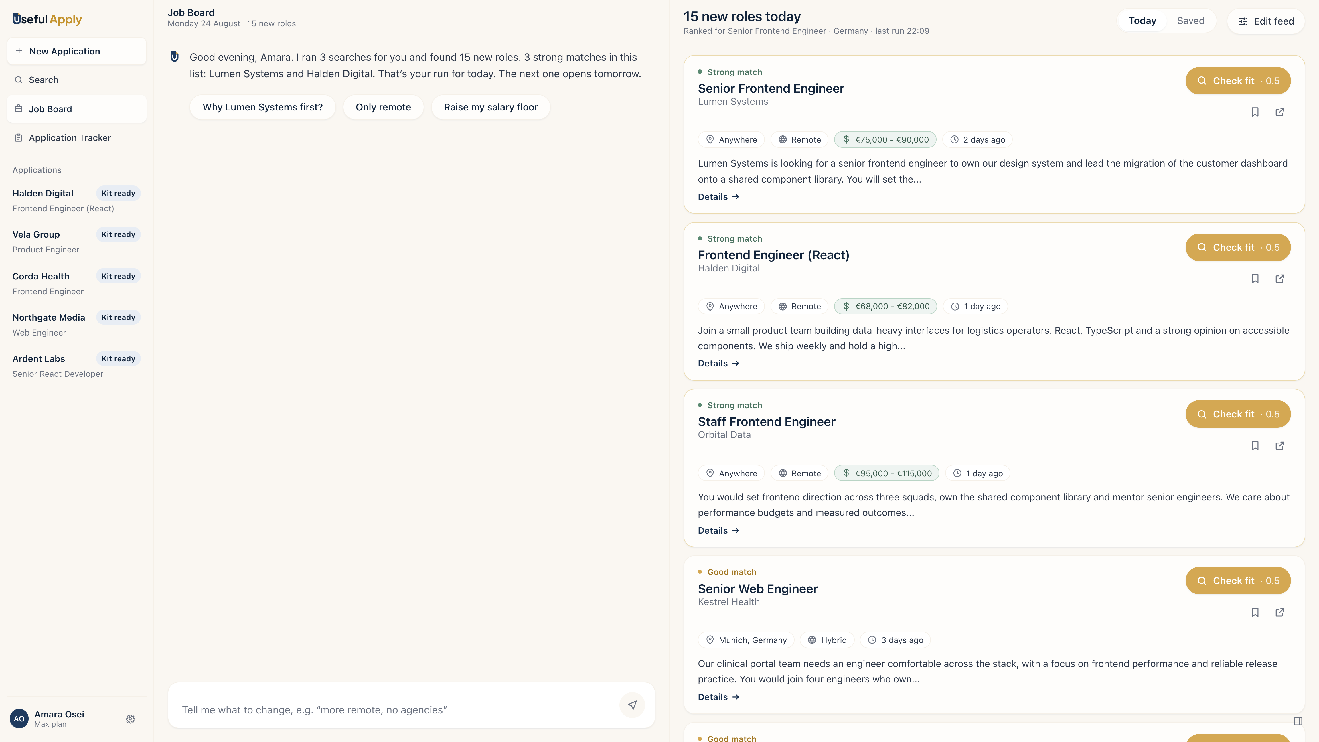 The full Useful Apply dashboard: sidebar, job-board chat and today's ranked roles